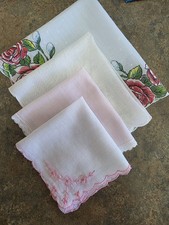 Lot of 4 Vintage Floral Handkerchiefs Pink White Lace Embroidered Hankies