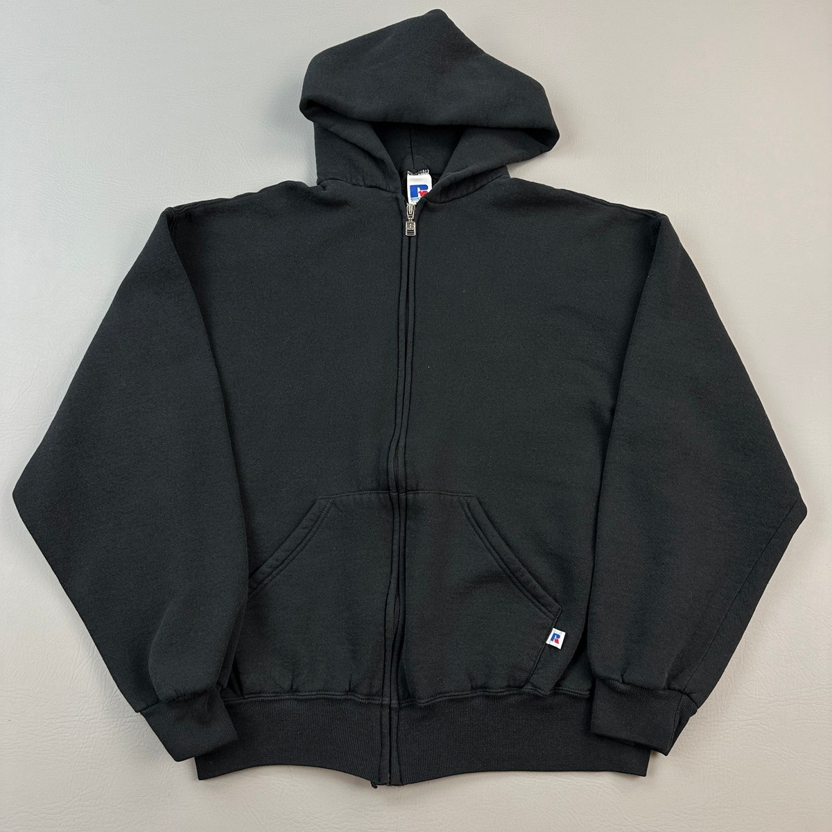 Vintage Russell Athletic Hoodie Mens Large Black Logo Full Zip