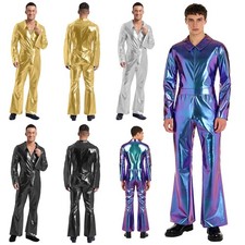 Mens 70s Disco Costume Shiny Metallic Unitard Zentai Zipper One-Piece Jumpsuit