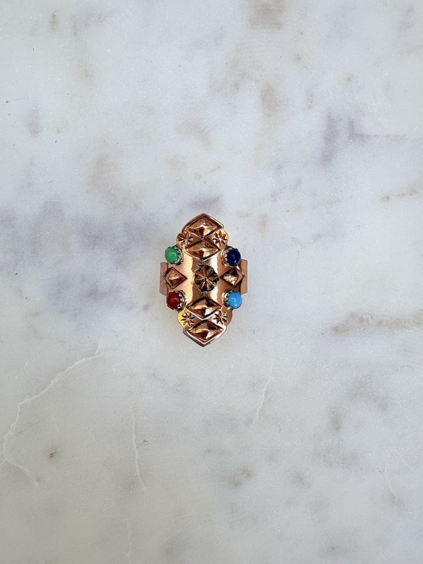 Vintage Navajo Running Bear Sterling Silver/Copper Multi Stone Ring Size 9.5