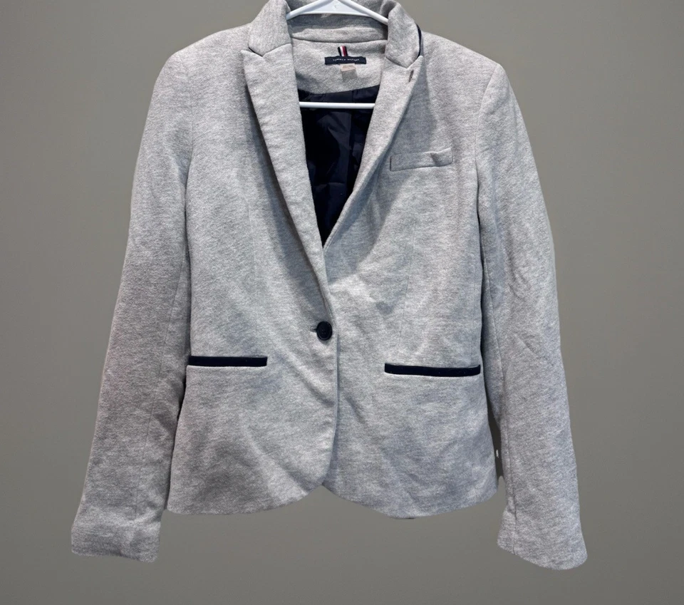 Abrigo deportivo gris Tommy Hilfiger para mujer blazer de un botón parches en el codo talla 2 Foto 2 de 4