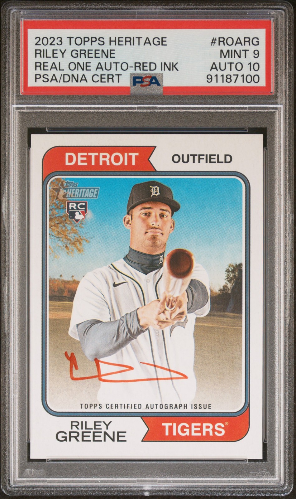 2023 TOPPS HERITAGE REAL ONE AUTOS RED INK RILEY GREENE 44/74 PSA 9 AUTO 10