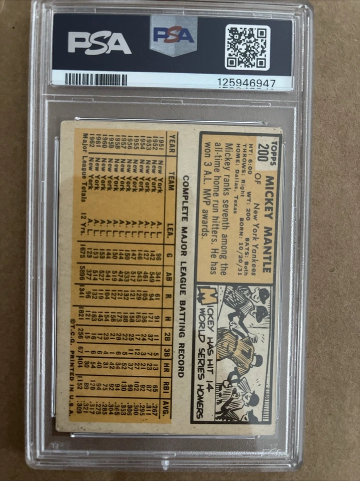 1963 Topps - Mickey Mantle #200 PSA autêntico alterado - Imagem 2 de 2