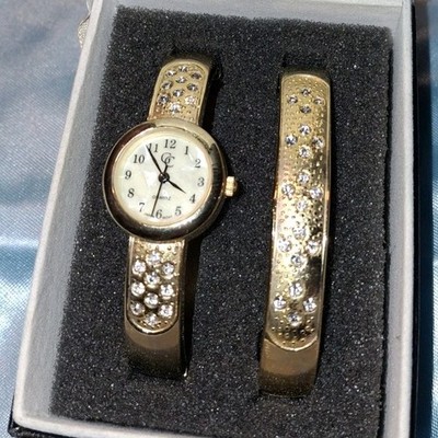 Geneva Women's Gold Tone Quartz Wristwatch & Bangle Set, Analog Display