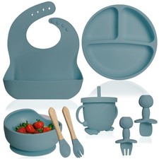 8 Pcs Silicone Baby Feeding Set Weaning Spoons Suction Bowl Plate Utensils
