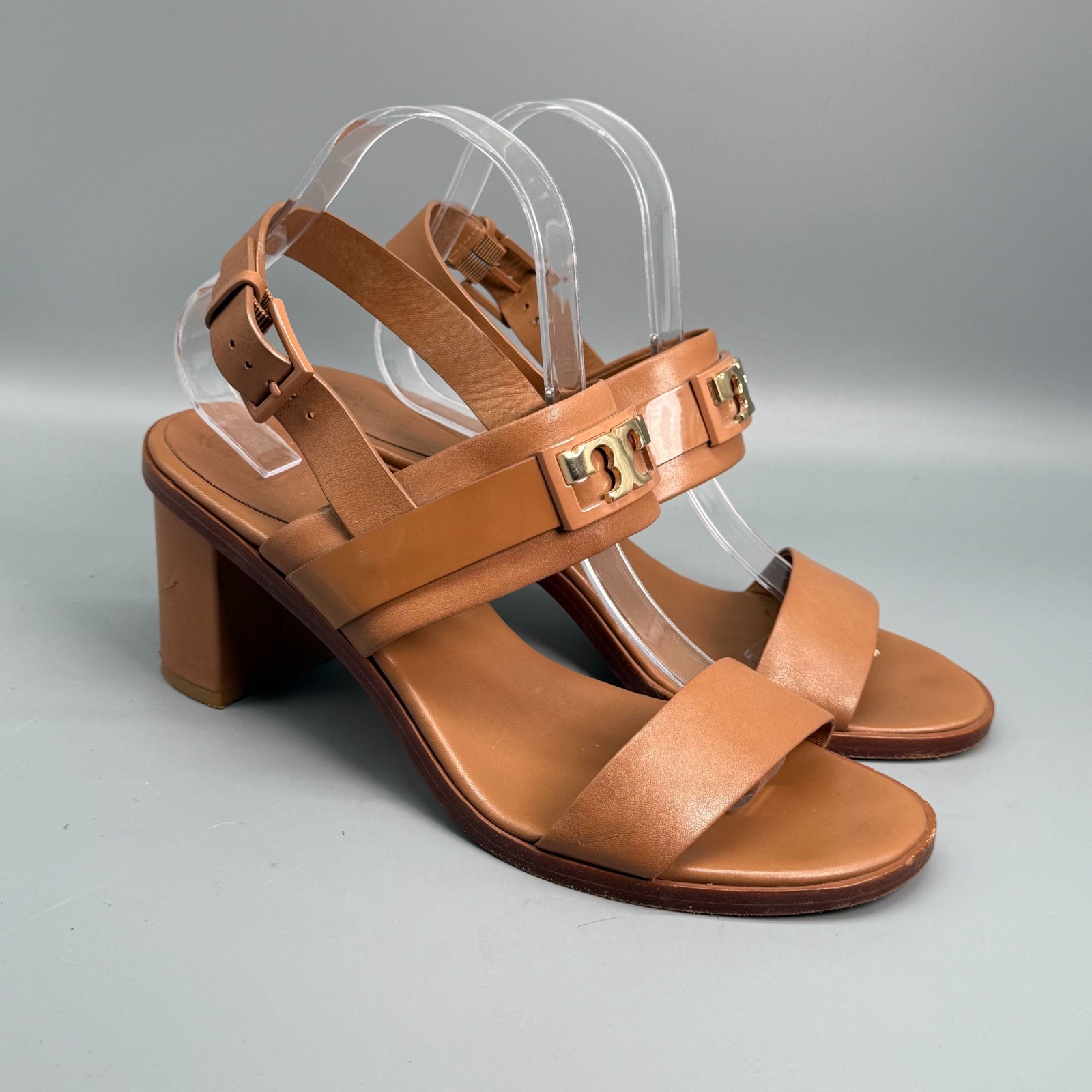 Tory Burch Gigi Women's 9.5 Brown Leather Two Band Sandals Buckle Block Heel