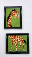 Vintage Framed Needlepoint Giraffe Wall Art Pair Safari Nursery Jungle Decor