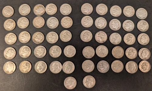 52 Roosevelt Dimes Circulated Ungraded    (4.55 ounces)      .90 silver (Scrap?)