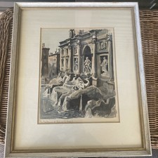 Pintura Rara Original FRANZ HERBELOT Roma Italia Fontana Trevi marco 18x15 pulgadas