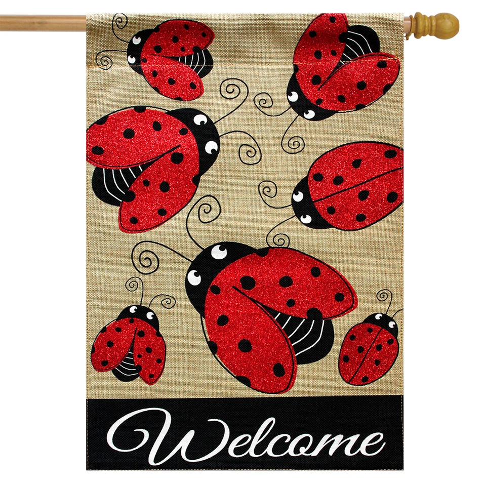 Ladybug Reunión Arpillera Casa de Primavera Bandera Bienvenida 28" x 40" Briarwood Lane Foto 2 de 4