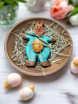 Primitive Farmhouse Handcrafted Faux 10'' Easter Bunny w/ Yellow Egg Cookie