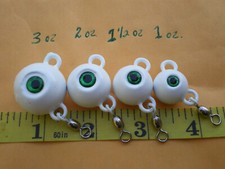 28 PCS.FLUKE EAR BALL JIGS WHITE/GREEN EYE & #3 SWIVEL, 3,2,1-1/2,1 OZ. 7 EACH