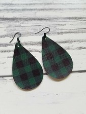 faux Leather Teardrop Earrings hunter green black buffalo plaid 5 per pair