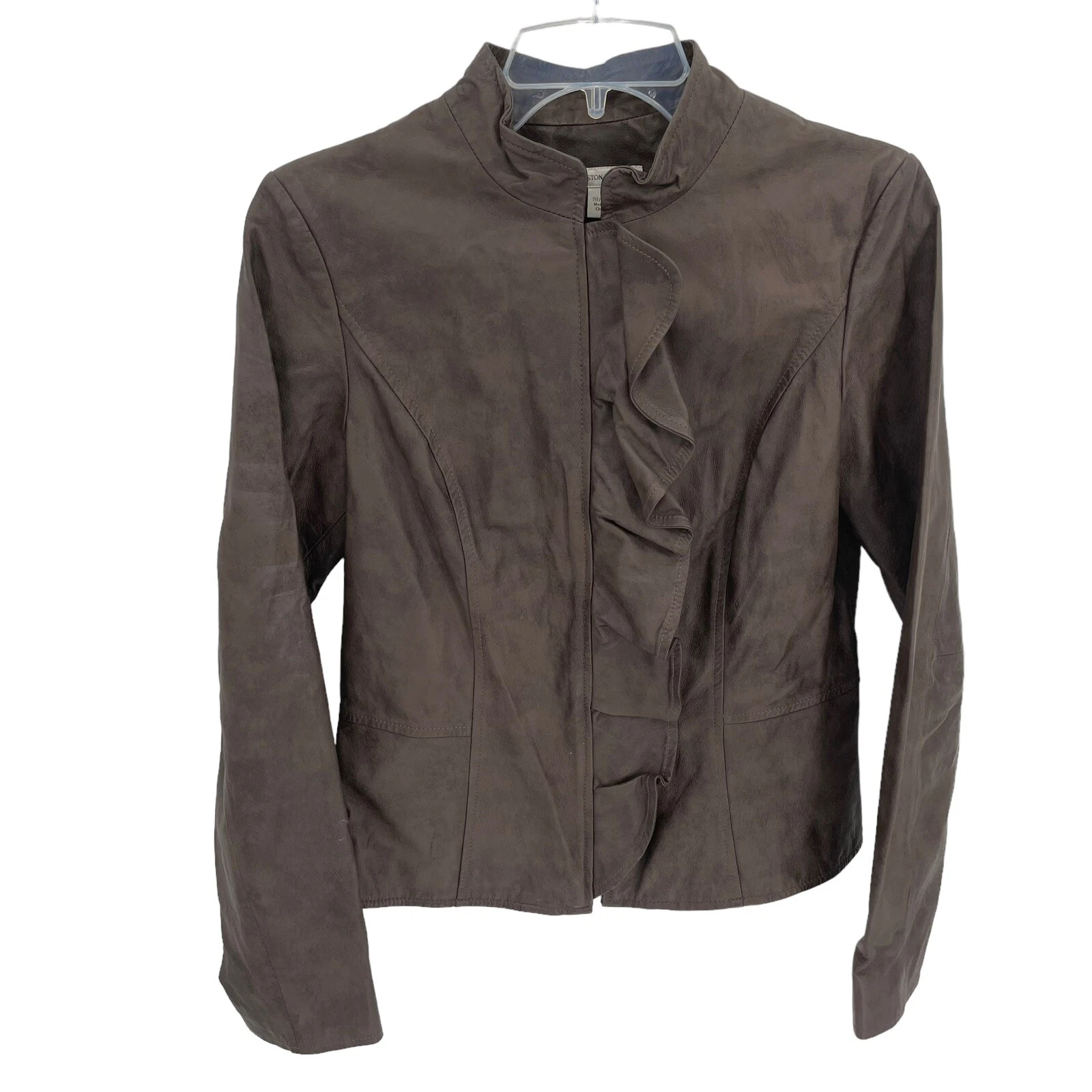 BOSTON PROPER Brown LEATHER JACKET Peplum Ruffles Size 6 womens zip front