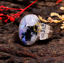 Black Tourmaline Rainbow Moonstone Ring 925 Sterling Silver Statement Boho Rings