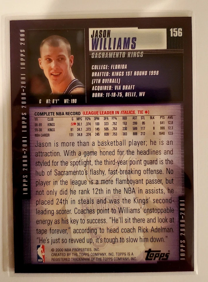 👀🔥2000-01 Topps Sacramento Kings Jason Williams Basketball Card #156 🔥🔥 - Image 2 of 2