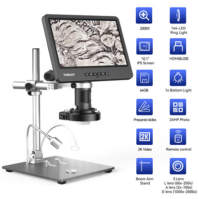 TOMLOV DM602 Pro 10.1'' Digital Microscope 2000x Coin Microscope 144 LED Light