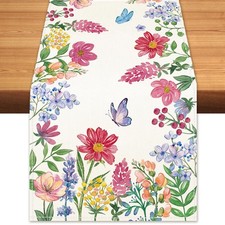 Summer Wildflower Table Runner Butterfly Burlap Table Runners, Watercolor Spr...