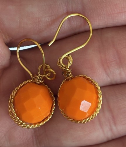 Vintage Handmade Neon Orange Acrylic Stone Faceted Gold Plated Dangle Earrings - Picture 2 of 2