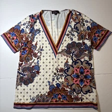 Hale Bob Short Sleeved Mixed Media Top Floral Paisley Stretch Sz S Autumn