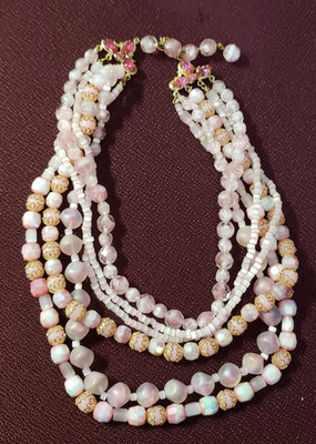 La Roco Pink Bead Rhinestone Necklace Earrings Jewelry Set Mid Century Modern