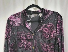 VTG Burnout Velvet Button Up Purple Size Petite Medium Demask Y2K 90s Disco