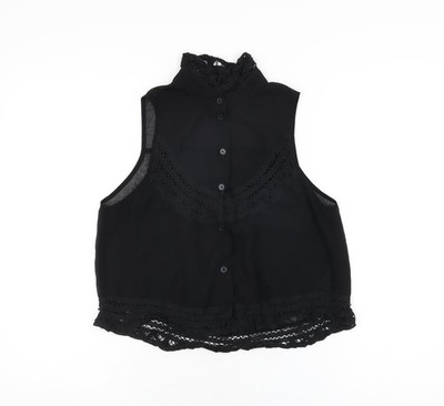 Topshop Damen schwarz Polyester Basic Knopfleiste Größe 8 Rundhalsausschnitt