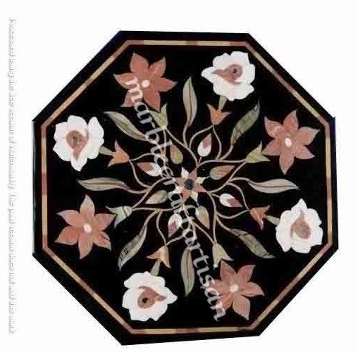 Handmade Black Marble Coffee Tabletop: Pietra Dura Inlay Art Console Furniture - Image 3 of 4