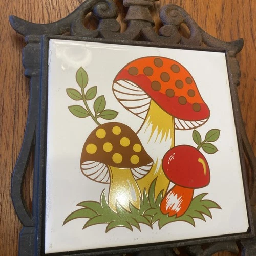 Vintage 1970s Merry Mushroom Tile & Cast Iron Trivet Sears Roebuck Made in Japan image 9