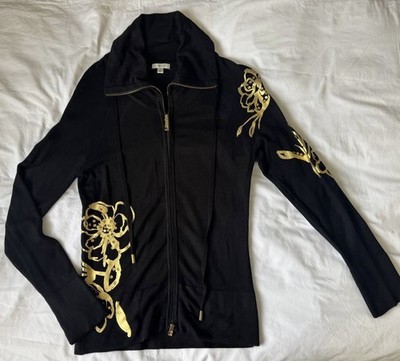 Vintage Cache Womens Jacket Medium  Floral Knit Zipper Front Black Gold Metallic