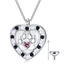 Memorial Pet Necklace for Ashes, Silver Paw Print Urn Necklaces with Birthsto...