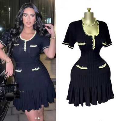 Sexy Package Hips Knitted Mini Dress Summer Women Elegant Black Ruffled Dress