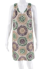 Trina Turk Womens Pullover Sleeveless V Neck Sequin Shift Dress Beige Green 0