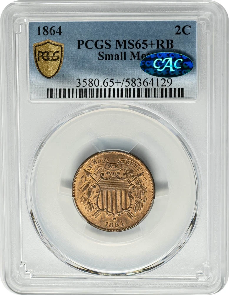 1864 Two Cent 2c Small Motto MS65+RB PCGS Secure CAC 951031-6