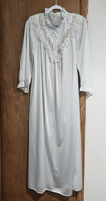 Vintage 80s Miss Elaine Long Nightgown Size Large Light Blue Lace Ruffles READ