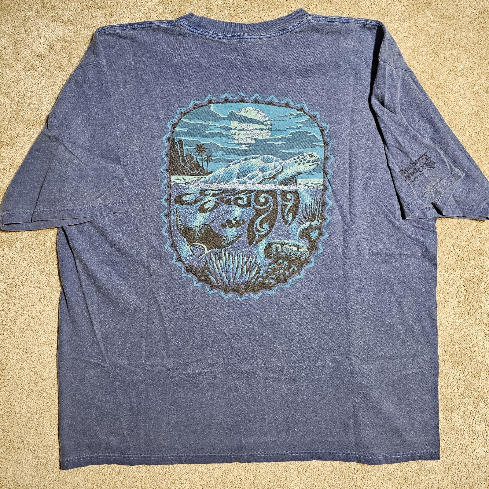 Vtg Y2k Turtle Manta Blueberry Dyed XL Graphic T-shirt Skate Blue Ocean Hawaii