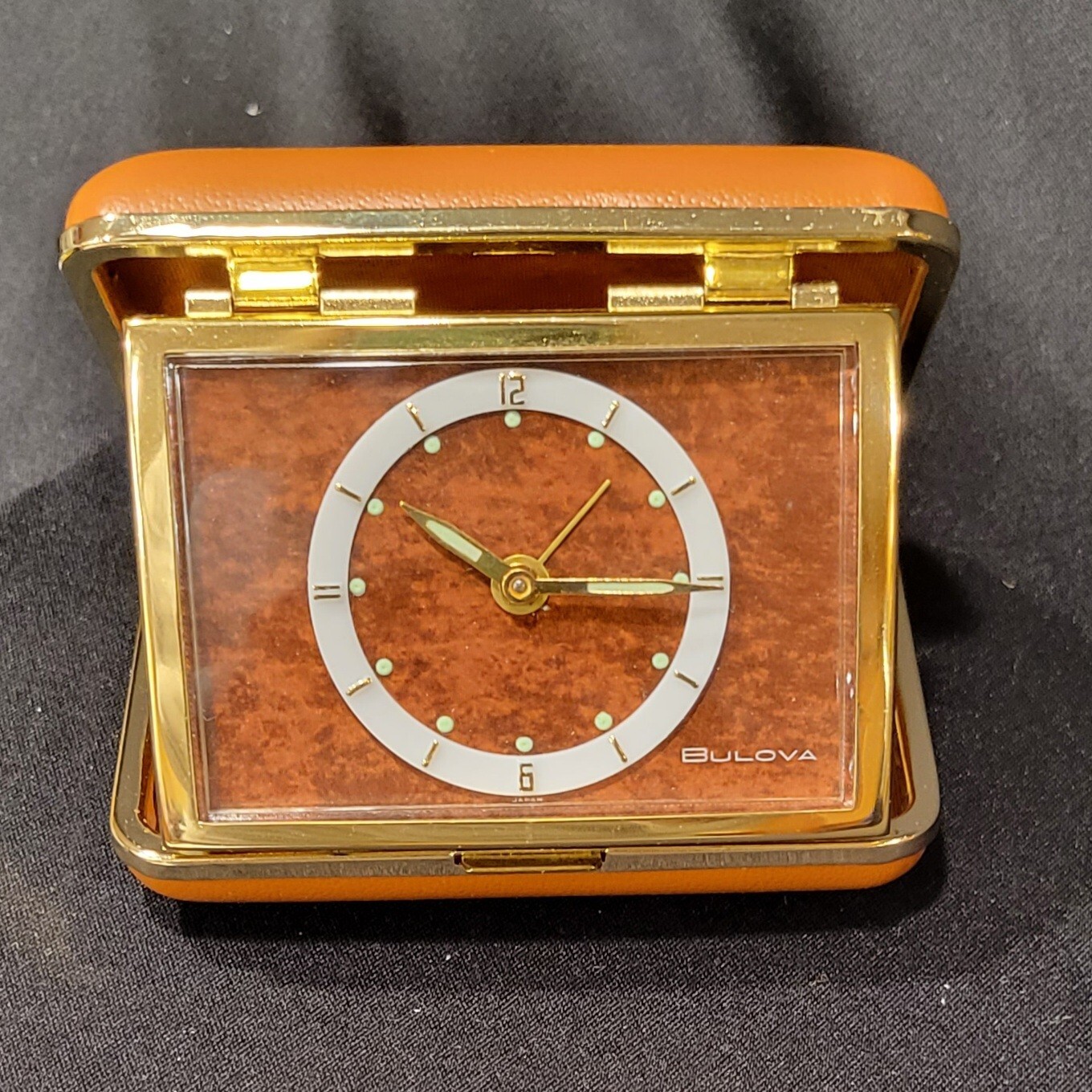 Vintage Bulova Travel Alarm/Desk Clock Brown Leather Glow face Japan