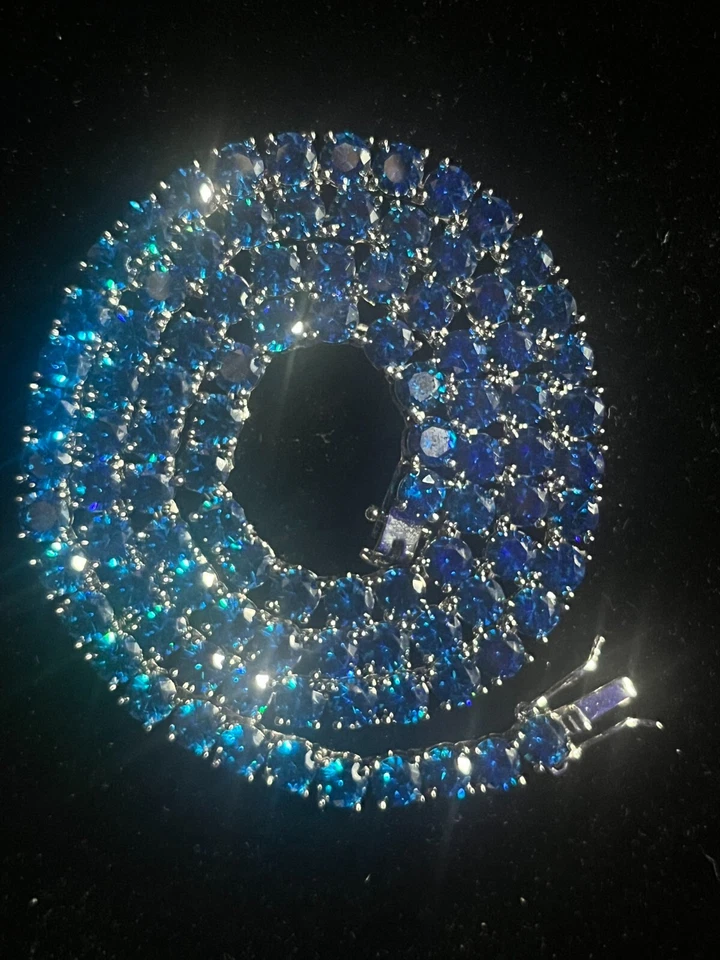 (Limitado) Collar Tenis Circonita Azul 5mm ICED OUT Chapado en Oro Blanco 18k Foto 2 de 4