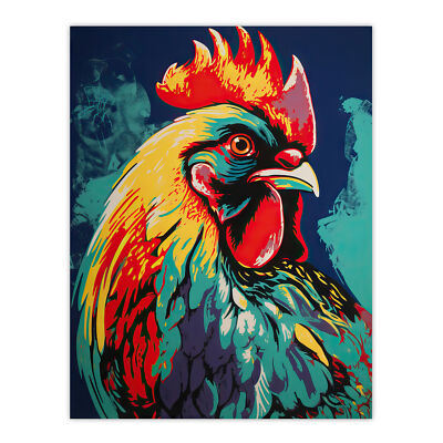 Cockerel Rooster Chicken Hen Red Yellow Turquoise Vibrant Wall Art Poster Print