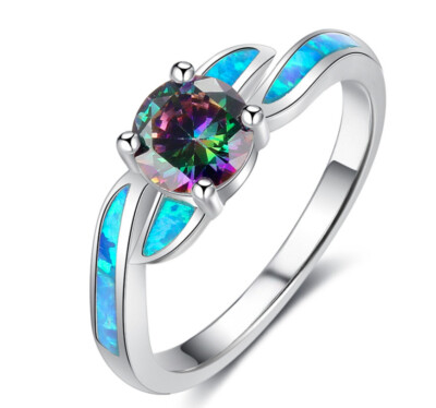 E05 Elegant Ring Blue Fire Opal Zirconia Mystic Topaz Sterling