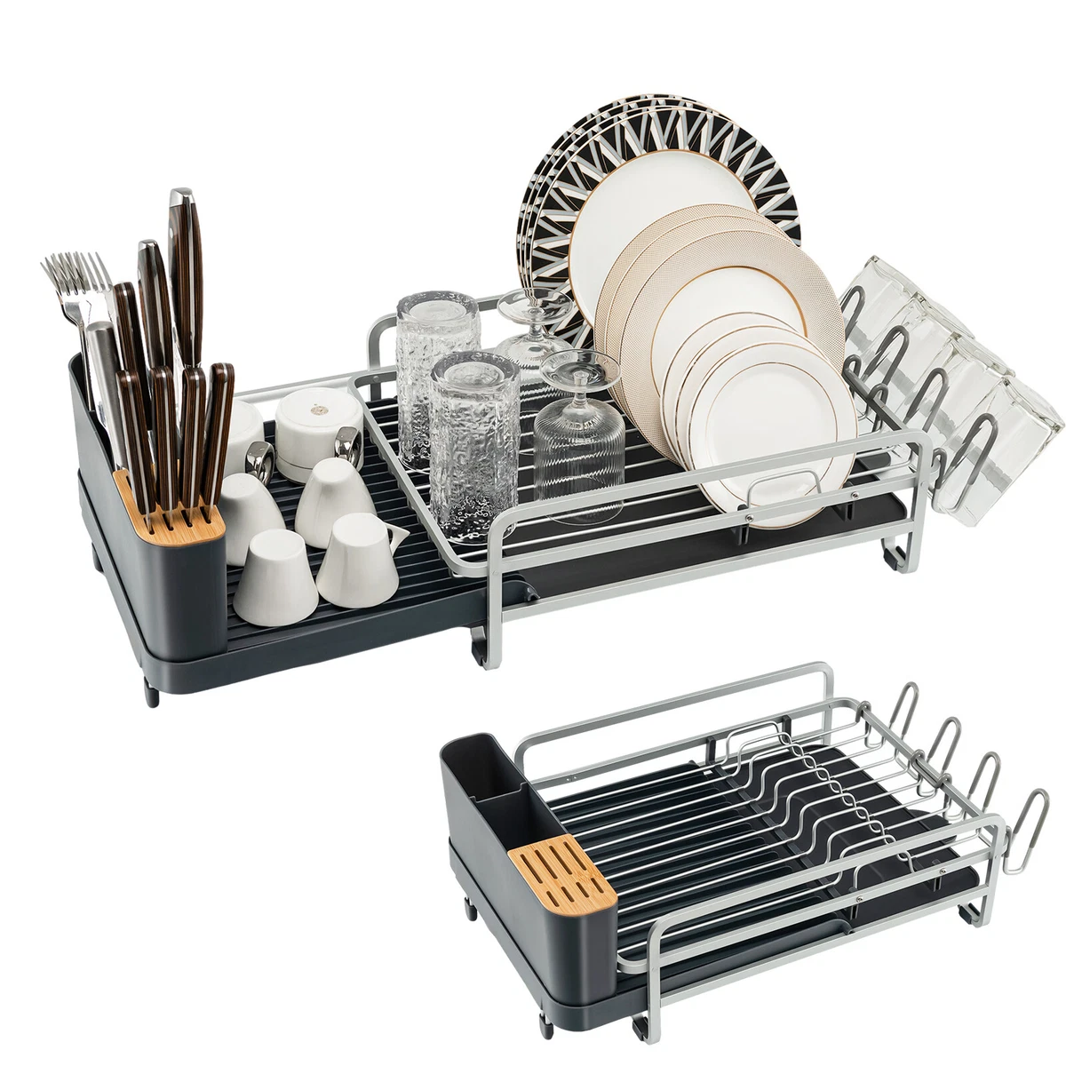 Extendable Dish Rack with Tray and Drainboard, Cup Utensil Holder