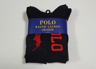 Polo Mens Ralph Lauren - 6 Pair  Crew Socks Classic Sport Black Red Size  6-12.5