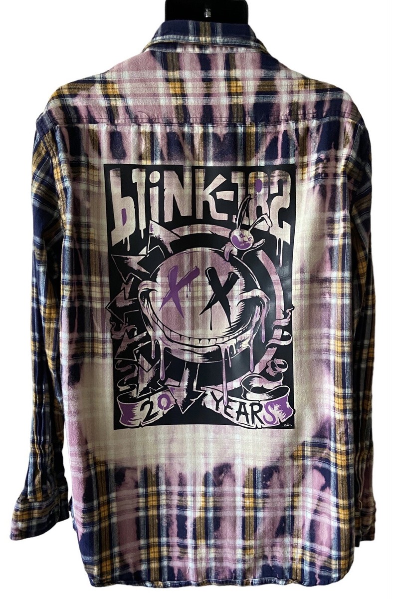 Blink 182 Custom Upcycled Distressed Plaid Flannel Shirt Mens Size
