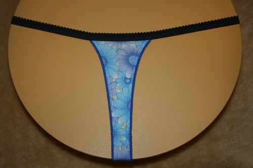 Blue Thong With Wide Black Waistband, Loop Fringe & Flowered Front No Size - Picture 2 of 2