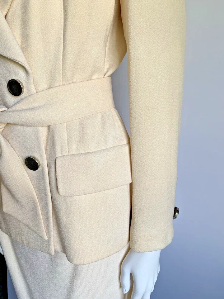 DOLCE & GABBANA Falda Traje De Colección It 44 Reino Unido 12 Crema Lana Cuello Ancho Corbata Cinturón Foto 3 de 4