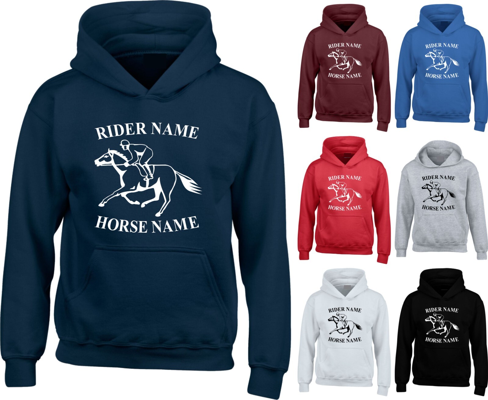 FELPA CON CAPPUCCIO PERSONALIZZATA CAVALLO MOTIVO RIDER DRESSAGE ADULTO BAMBINI PONY EQUITAZIONE FELPA REGALO