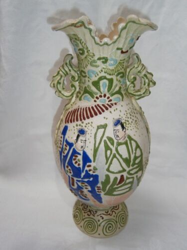 ANTIQUE HAND PAINTED AND EMBOSSED DESIGN JAPANESE VASE WITH HANDLES