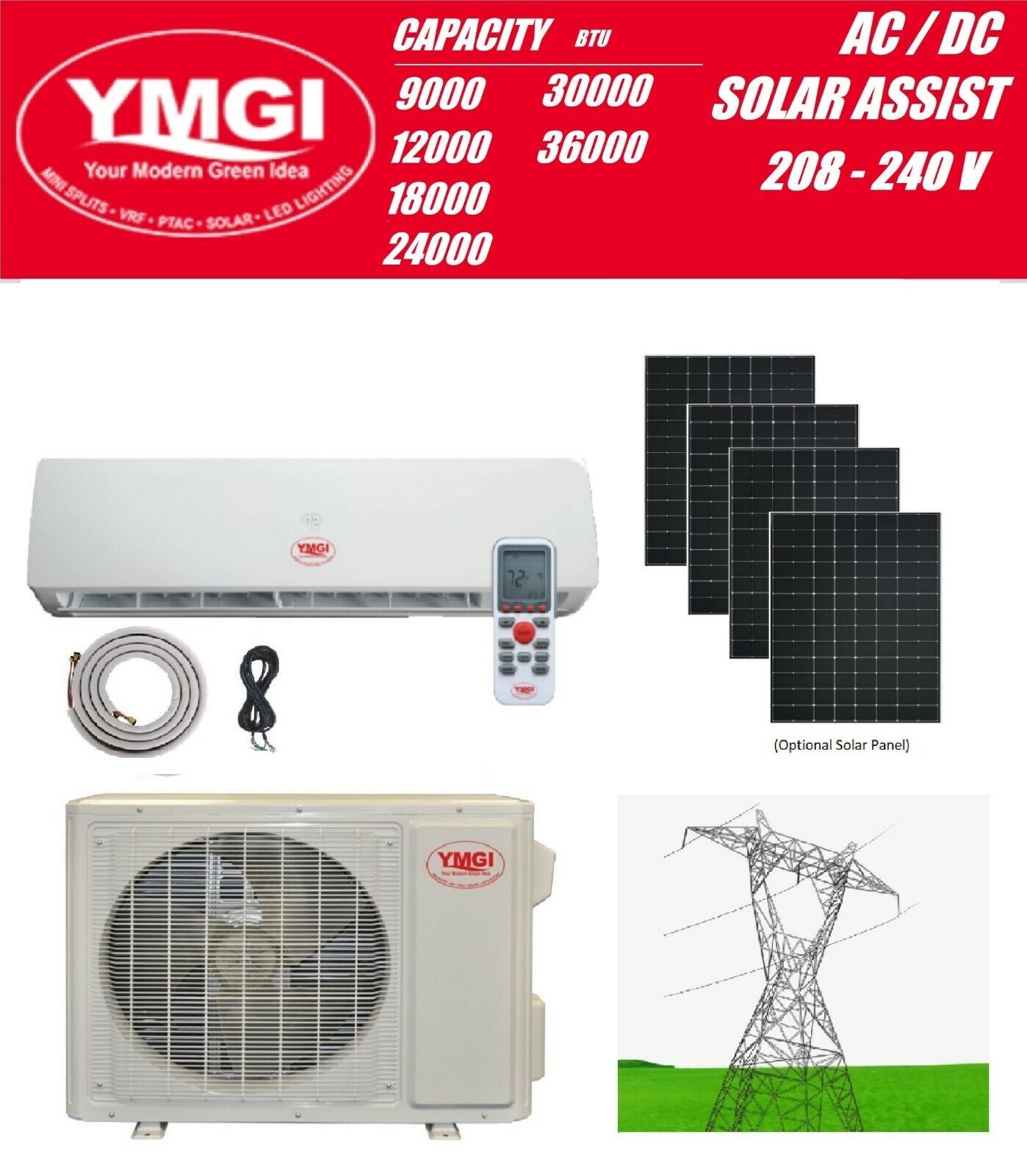 Solar Air Conditioner Heat Pump YMGI with 208-240V AC Power Assist
