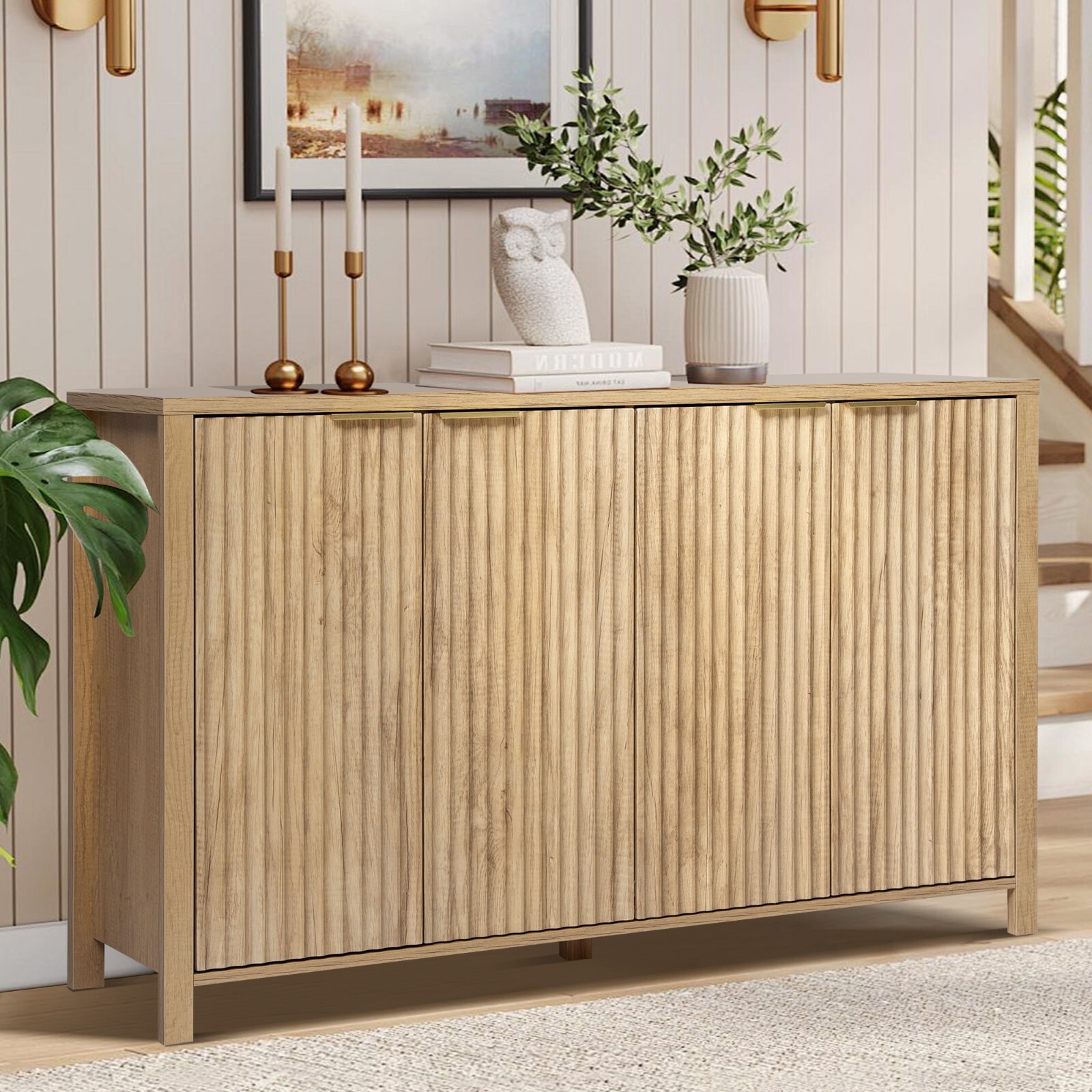 4-Door Modern Wave Fluted Buffet Storage Cabinet with Adjust