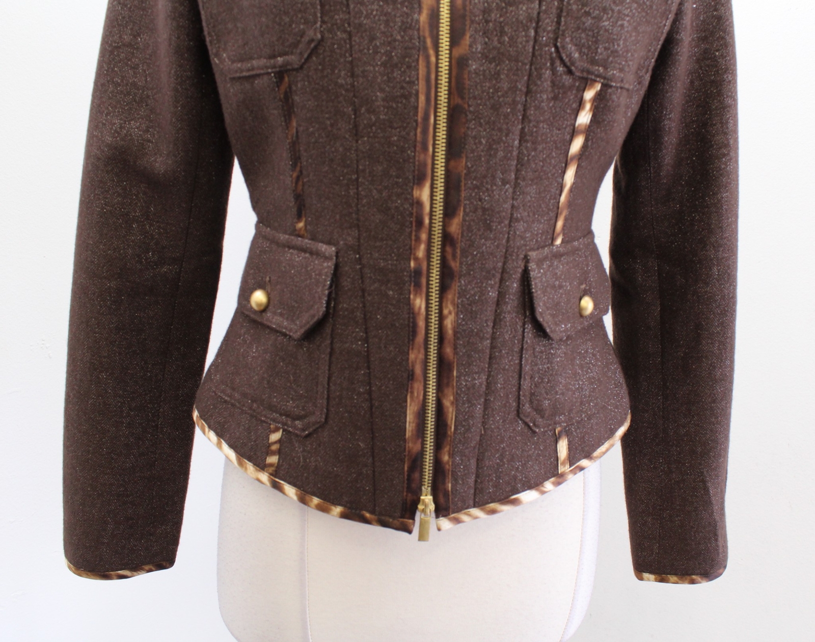 Cache Brown Shimmer Herringbone Wool Zip Front Ja… - image 5